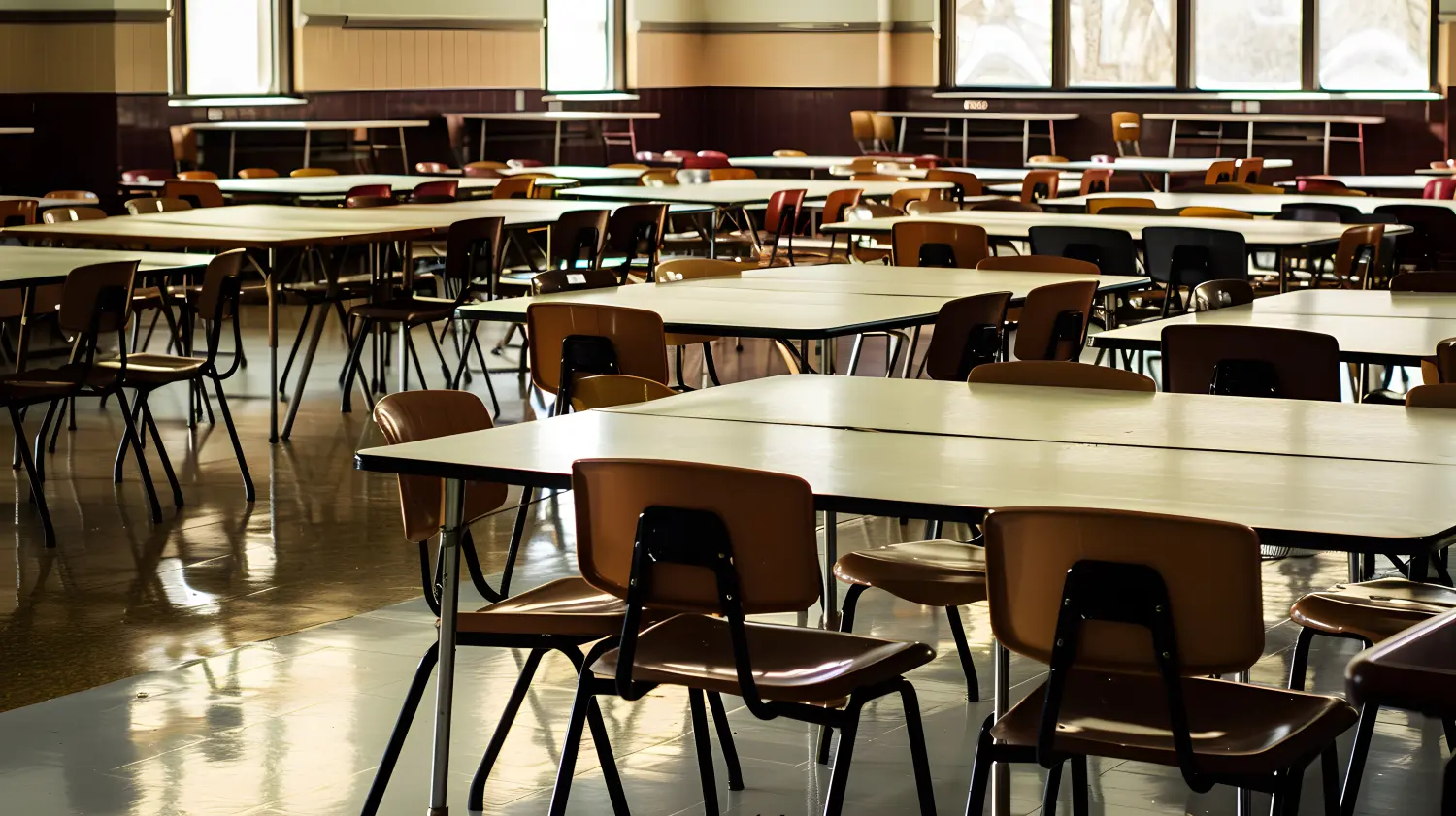 Eine leere Schulcafeteria mit Reihen von Tischen und Stühlen, beleuchtet von natürlichem Licht aus großen Fenstern, in Erwartung des Mittagsansturms.