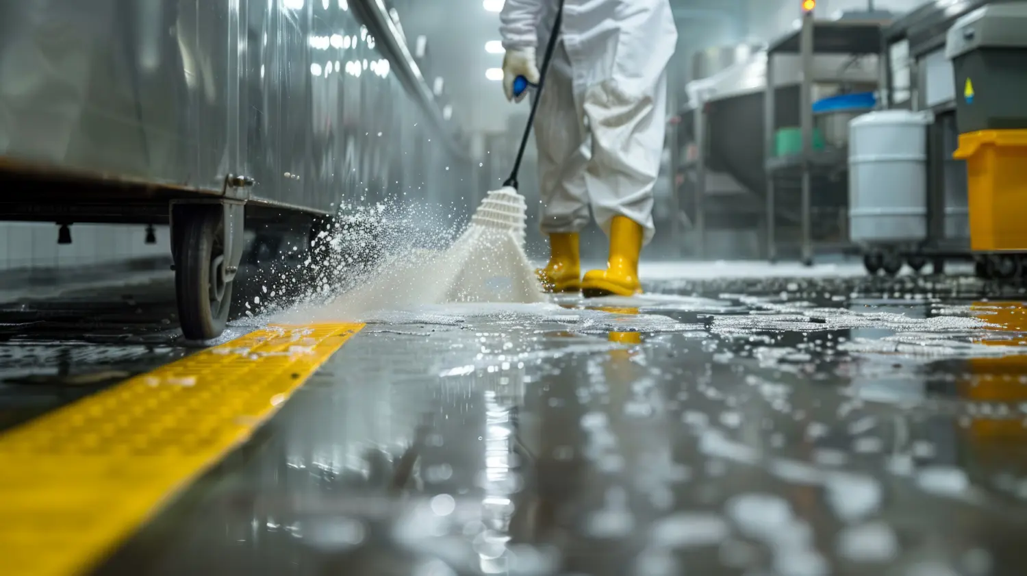 Die Mitarbeiter reinigen die Böden in einer Lebensmittel- und Pharmaproduktionsanlage akribisch nach den HACCP-Richtlinien. 