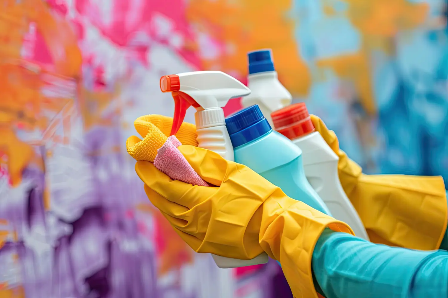 Nahaufnahme einer Haushälterin mit leuchtend gelben Gummihandschuhen, die eine Reihe von Reinigungssprays und -tüchern vor einem bunten abstrakten Hintergrund hält