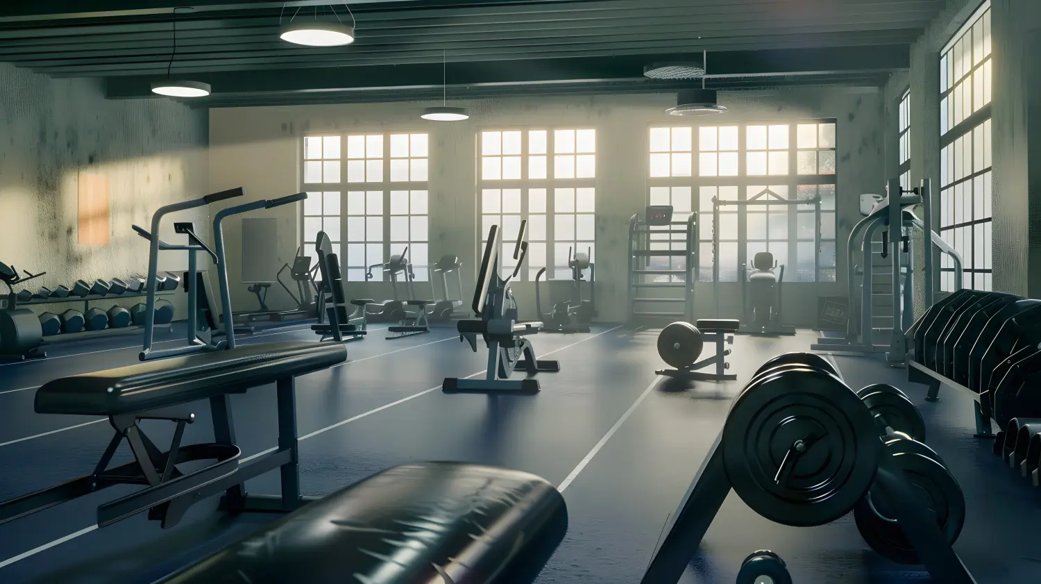 Ein leerer Kraftraum mit großen Fenstern, bereit für ein Workout. 