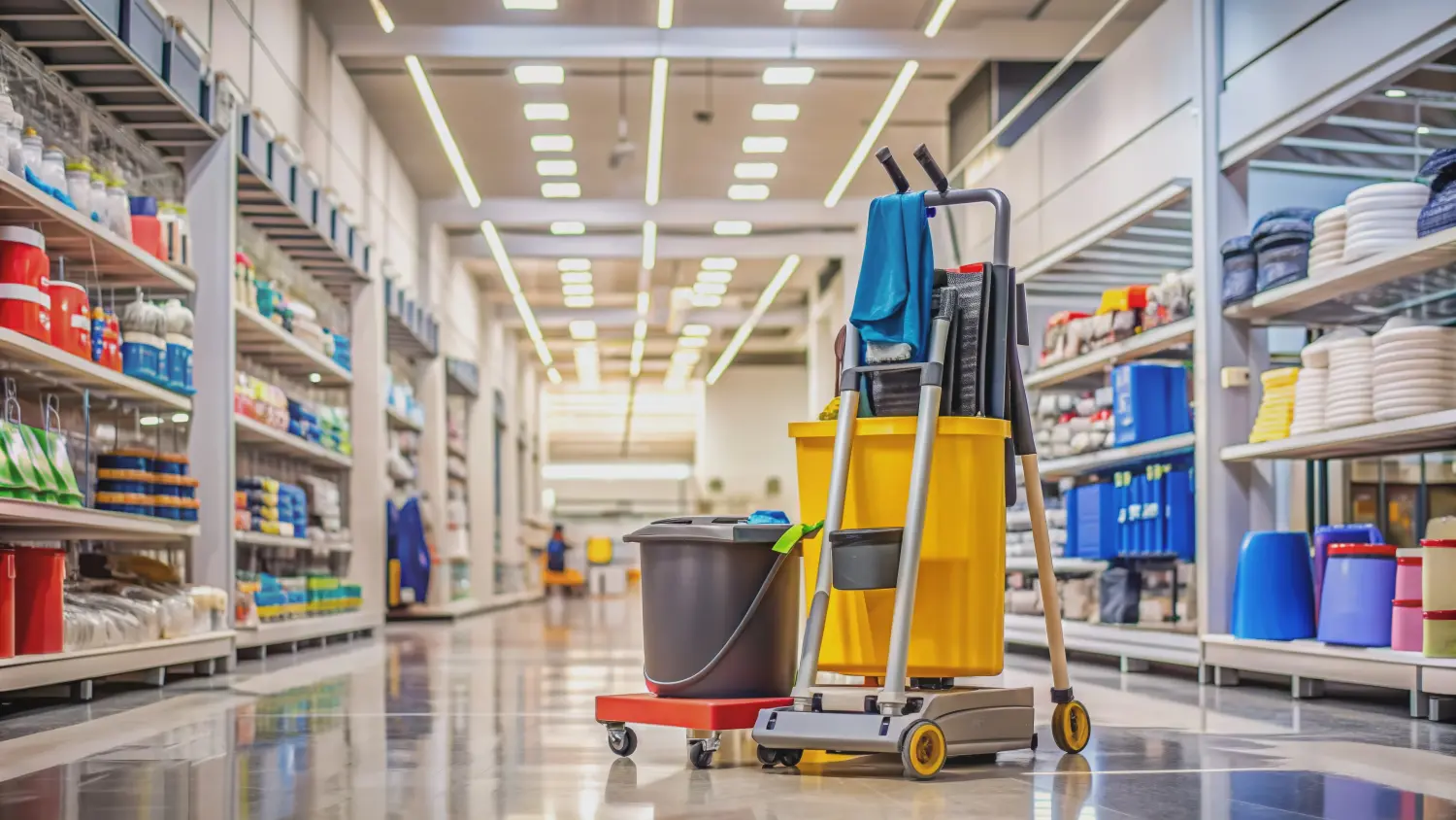 Bodenreinigungsgeräte und Zubehör verstreut um leere Kaufhausregale mit ordentlich angeordneten Produkten und Weichzeichner-Hintergrund des Ladeninneren